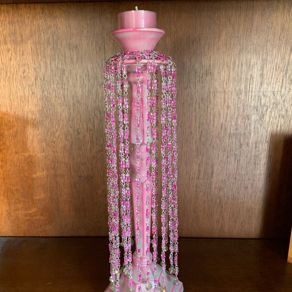 Wedding Candle Stick Holder Bohemian Style With Pink Glass Beads - Picture 7 of 10